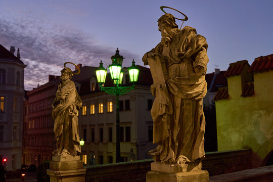 Statues of St. Peter and Paul in front of Cathedral of Saints Peter and Paul, Brno, Czech Republic, Moravia. Brno, Czech Republic at dusk