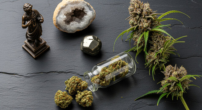 Still life with bronze figurine, druse, pyrite, glass vial and plant on dark stone, representing nature and culture interplay, perfect for alternative concepts