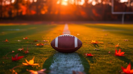 American football on field with autumn leaves at warm sunset
