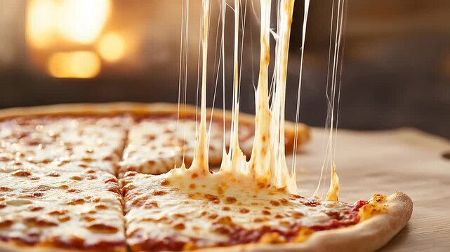 Hand taking a slice of cheesy pizza with melted cheese strings
