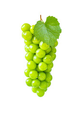 A vibrant, isolated bunch of premium Shine Muscat green grapes with a fresh leaf, perfect for highlighting natural health and fresh sweet fruit consumption. agriculture and fresh advertising materia