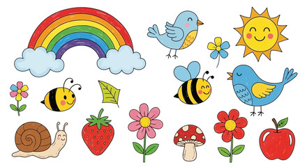 Obraz premium Cute cartoon spring nature elements set featuring a hand-drawn rainbow, smiling sun, birds, bees, flowers, and a snail for children's illustrations
