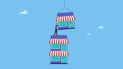 Ambitious businessman build up store on top of company stack. Build up business, expand or growing company empire, organization growth or ambition and effort to improve sales, extension.