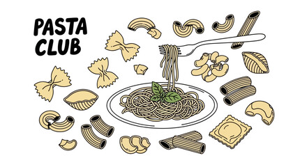 Pasta Club Illustration with Various Noodle Shapes and a Plate of Spaghetti