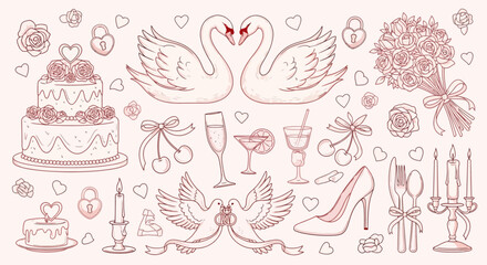 Valentine's Day Sketch Swans, Cake, and Love Symbols