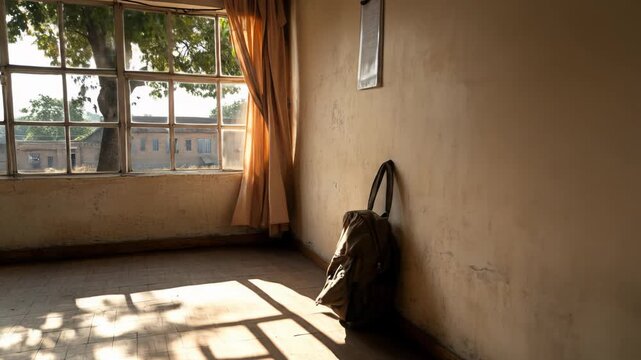 Sunlit empty room interior with large window and backpack on wooden floor