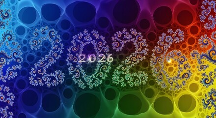 Vibrant fractal art displaying the year 2026 amidst a kaleidoscope of colorful bubbles
