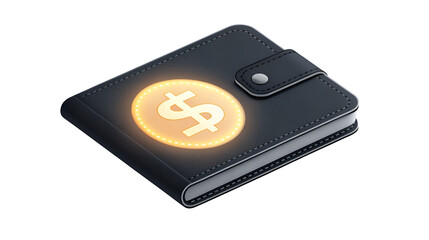 Dark leather wallet with a glowing gold dollar coin icon on the front, symbolizing finance and payment isolated on transparent background