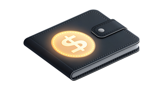 Dark leather wallet with a glowing gold dollar coin icon on the front, symbolizing finance and payment isolated on transparent background