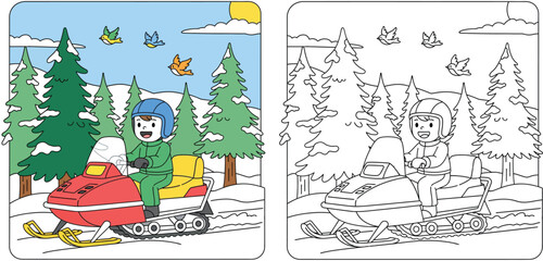Coloring book page for kids with colored example and outline. Vector illustration of a happy boy riding a red snowmobile in a snowy winter forest landscape with pine trees and birds.