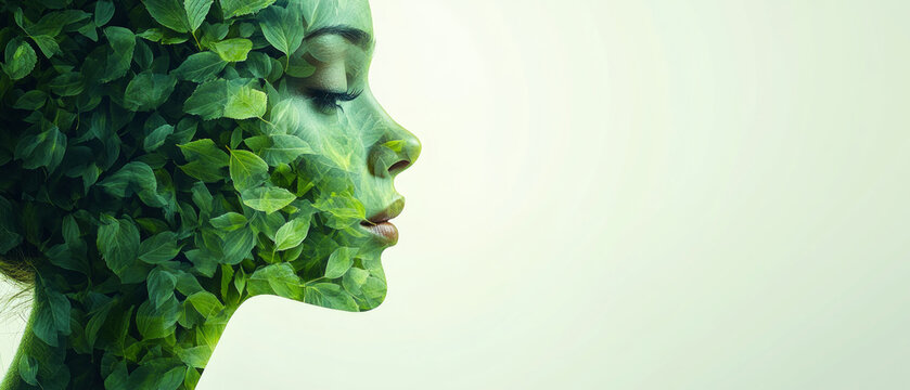 The profile of a face blending in with green foliage embodies the harmony between humans and nature, serving as a fitting natural backdrop