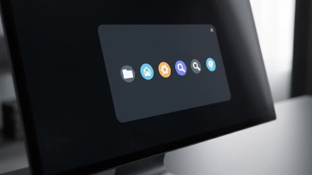 A dark mode program window with rounded corners displaying a row of colorful icons (folder, user, settings, search, map pin) is shown centered on a screen, demonstrating a sleek, modern UI animation 