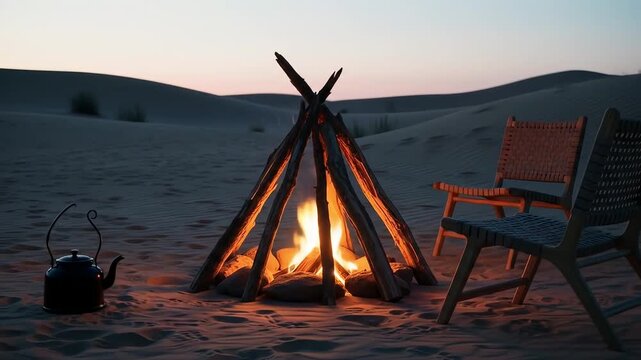 Image depicts a serene desert scene at dusk, featuring a small campfire at the center, surrounded by a few logs arranged in a teepee style. The fire emits a warm, orange glow that contrasts with the c