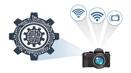 Digital camera connected to a circuit gear mechanism symbolizing smart photography and automated settings isolated on transparent background