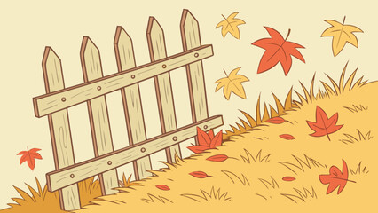 Autumn season fence and falling leaves vector illustration for seasonal design and decoration project