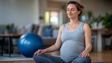 A serene pregnant woman practices meditation at home for relaxation and mindfulness in a calm environment.