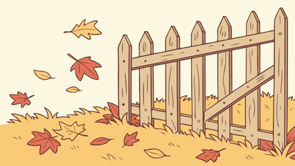 Fall season autumn leaves fence illustration country scene seasonal foliage outdoor nature drawing vector art