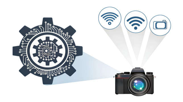 Digital camera connected to a circuit gear mechanism symbolizing smart photography and automated settings isolated on transparent background