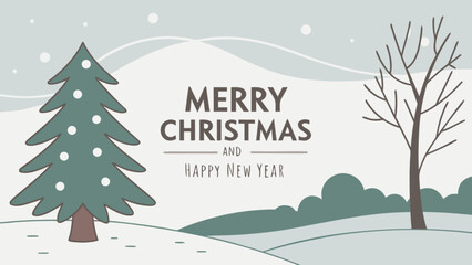 Merry christmas and happy new year winter holiday landscape scene with christmas tree and snow background vector