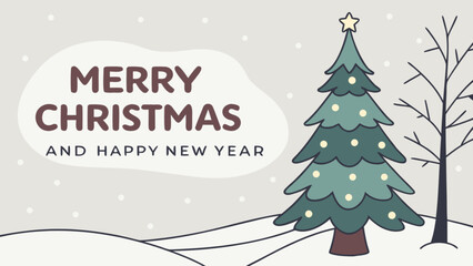 Merry christmas and happy new year greeting card with christmas tree and winter landscape illustration