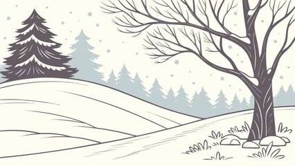 Winter landscape illustration with snow covered hills and bare tree vector graphic design for backgrounds