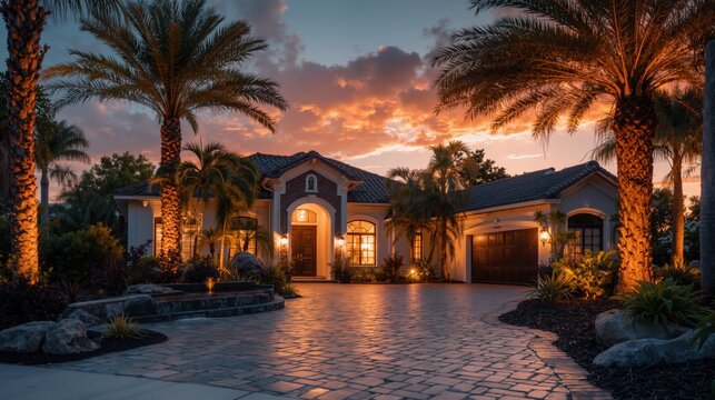 Elegant mediterranean-style villa surrounded by palm trees at sunset with dramatic sky and warm exterior lighting - Powered by Adobe