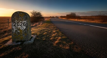 Ancient milestone marker stands beside a rural road at sunset with a dramatic sky overhead
