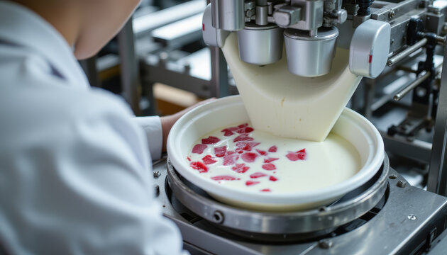 Automated machine pouring creamy yogurt with strawberry pieces into round container, food production process, modern dairy factory, industrial kitchen, fresh dessert preparation