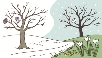 Winter to spring transition illustration with trees flowers and snow landscape seasonal change drawing