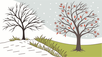 Seasonal changes illustrated trees in winter and spring landscape art vector design graphic illustration