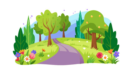 Illustration of scenic landscape with trees flowers path nature park outdoor spring summer vector art