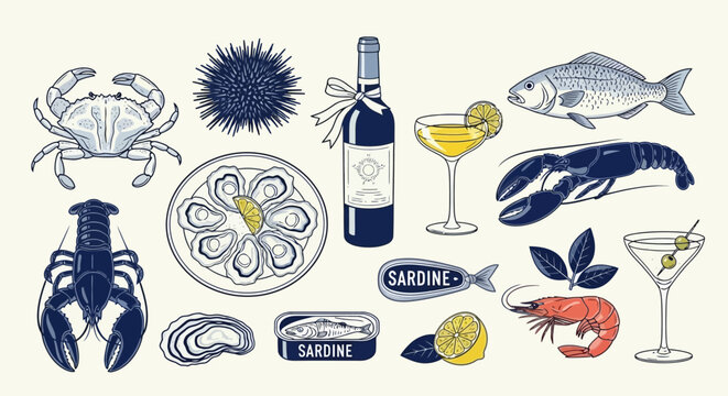 Elegant Seafood Selection Crab, Lobster, Oysters, Fish, and Wine