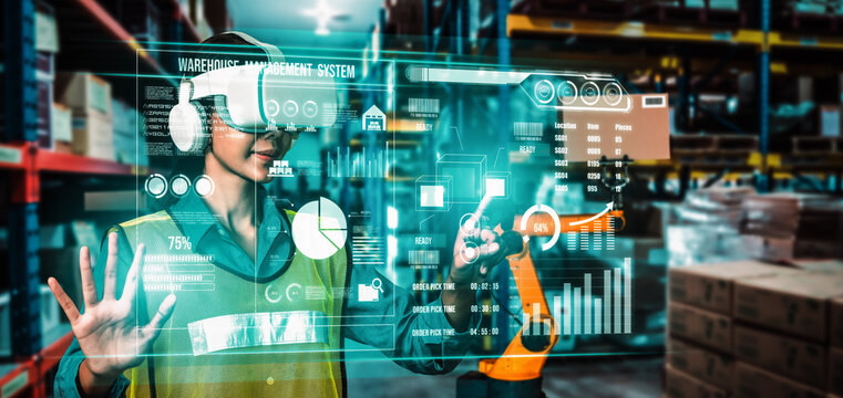 Future virtual reality technology for innovative VR warehouse management . Concept of smart technology for industrial revolution and automated logistic control .