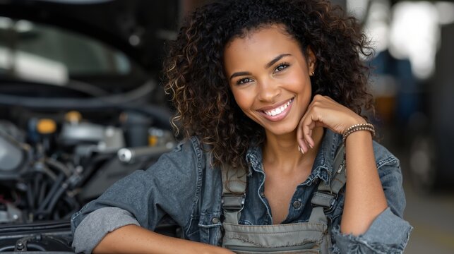 African american female mechanic, smiling young black woman in overalls standing by car engine in garage