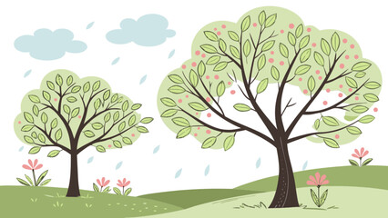 Spring landscape illustration with trees flowers and clouds vector design nature background for kids art