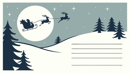 Christmas santa claus sleigh reindeer flying over winter landscape vector graphic design illustration