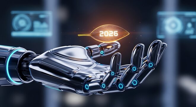 Advanced robotic hand holding a glowing digital sphere with futuristic interface elements in the background