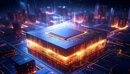 Futuristic CPU Concept with Glowing Circuits and Data Streams.