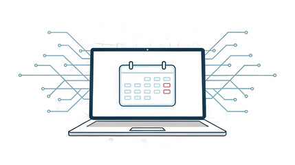Modern digital scheduling and appointment booking concept displayed on a laptop screen with circuit elements isolated on transparent background