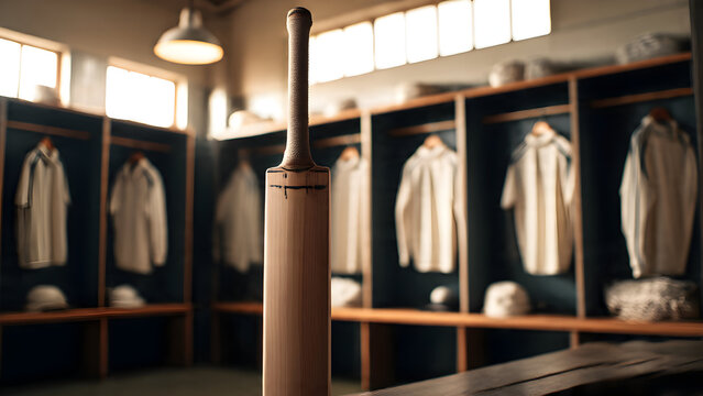 Professional cricket bat standing upright in cricket pavilion locker room with team jerseys hanging in soft window light
