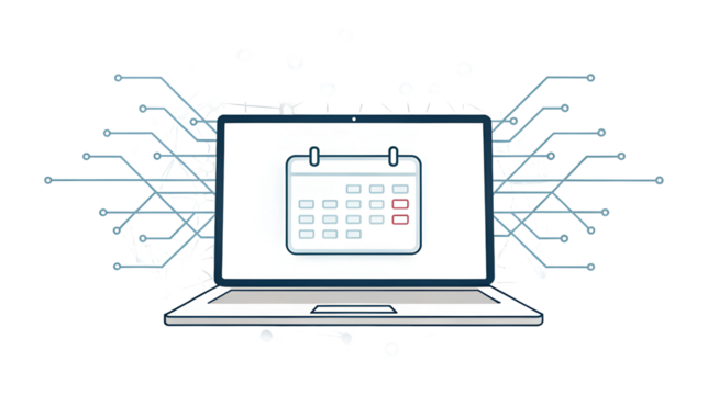 Modern digital scheduling and appointment booking concept displayed on a laptop screen with circuit elements isolated on transparent background