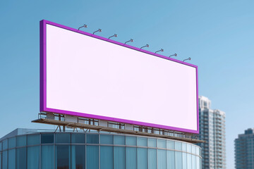 Large elevated blank billboard with vivid purple frame above rooftop against clear blue urban skyline