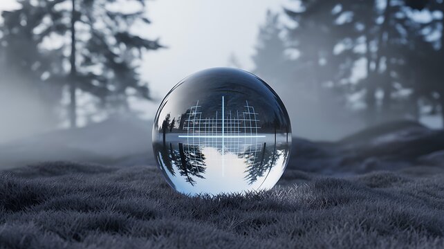Crystal sphere on frosty ground reflecting winter forest atmosphere
