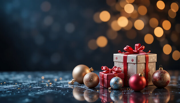 Festive Christmas Gifts and Decorations with Bokeh Light Background