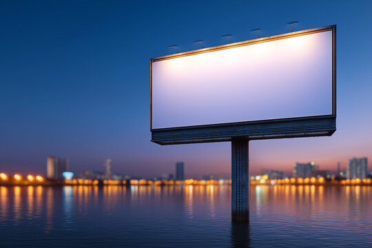 Large illuminated blank billboard rising above calm waterfront city skyline during peaceful dusk hour
