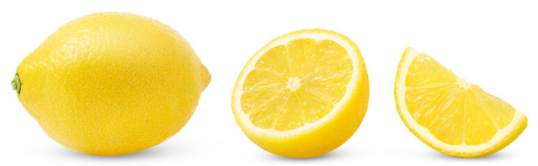 Collection of whole lemon fruit, slice and half isolated, clipping path. Set of lemons.