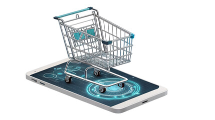 Online shopping concept featuring a miniature metal cart resting on a futuristic smartphone screen isolated on transparent background