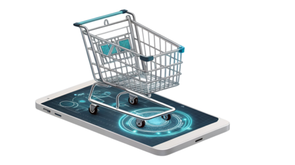 Online shopping concept featuring a miniature metal cart resting on a futuristic smartphone screen isolated on transparent background