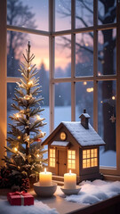 A small decorated Christmas tree and a lantern-shaped house with glowing candles sit on the windowsill. Outside, a winter evening, snow, and house lights illuminate the sky. 