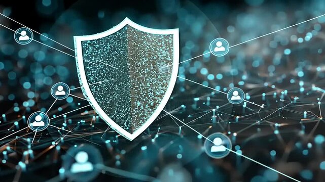 Abstract digital shield representing cybersecurity with network connections and user icons in background - Powered by Adobe